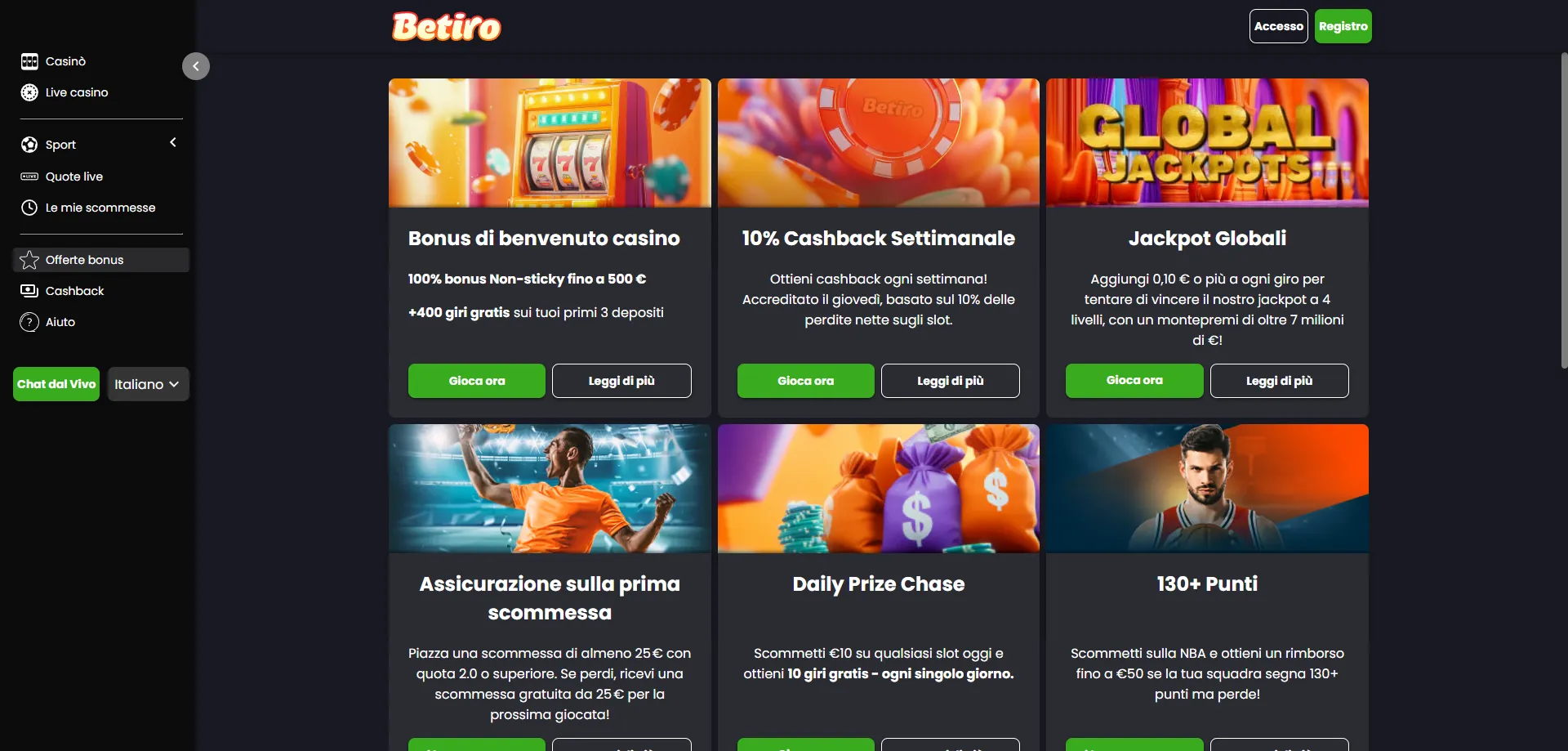 Betiro Casino bonus di benvenuto – 100% fino a €500 e 400 free spin