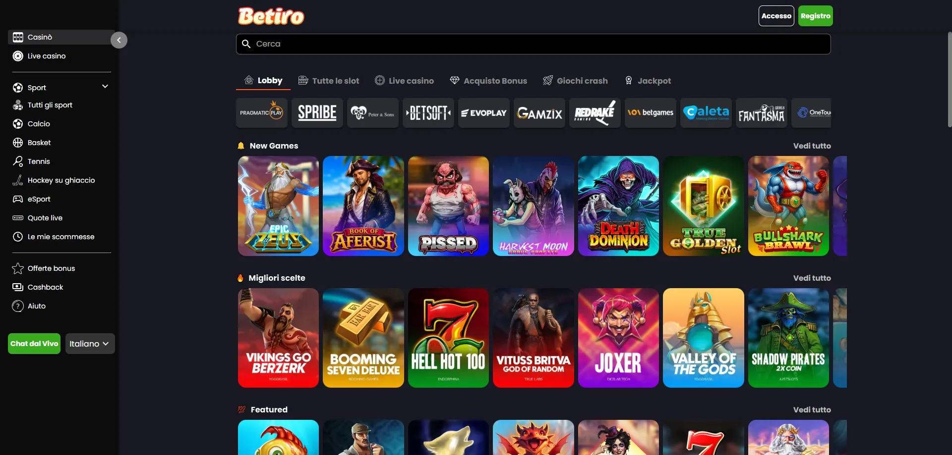 Slot machine e giochi demo su Betiro Casino mobile