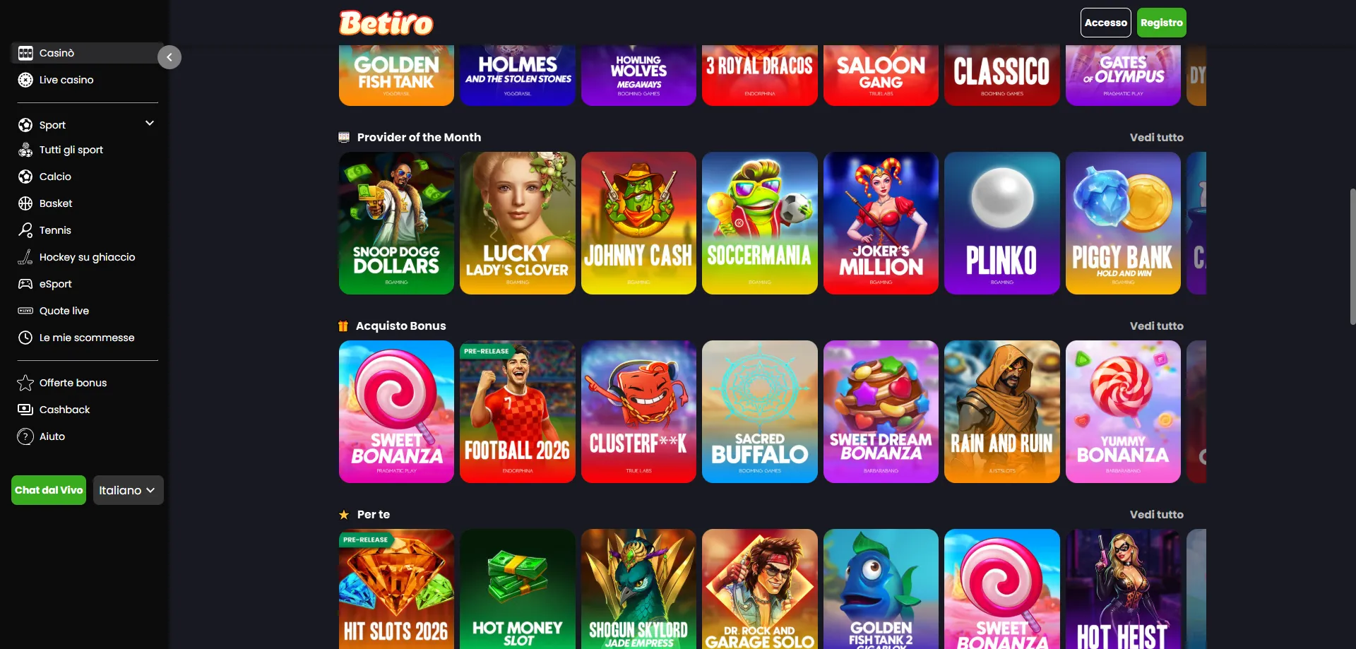 Betiro Casino giochi online – slot machine e live casino disponibili